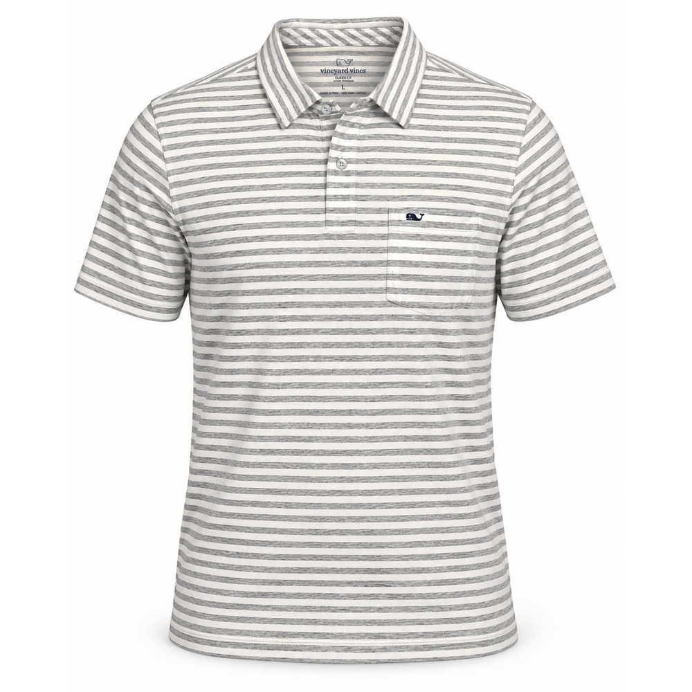 Vineyard Vines Mens Classic Fit Striped Polo Shirt Gray White Large Pocket Whale